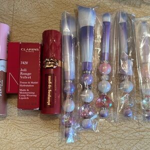 Purple and White Makeup Brush Set with Lip Products